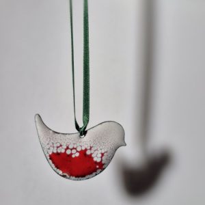 Red & White Copper and Enamel Bird Decoration