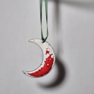 Red & White Copper and Enamel Moon Decoration